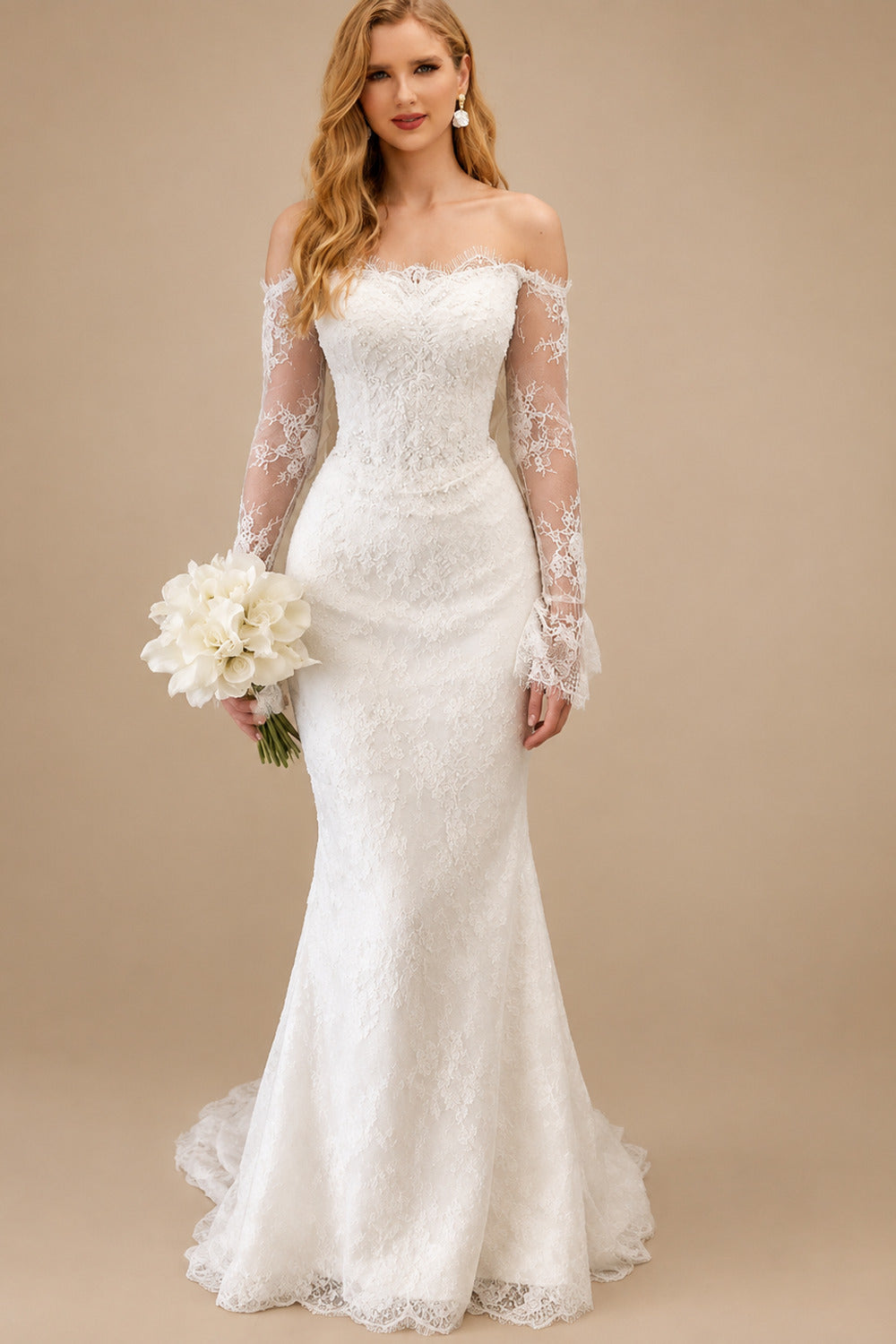 Rutipo White Trumpet Mermaid Off-The-Shoulder Long Sleeves Sweep Train Lace Tulle Elastic Satin Wedding Dresses With Beading Flower