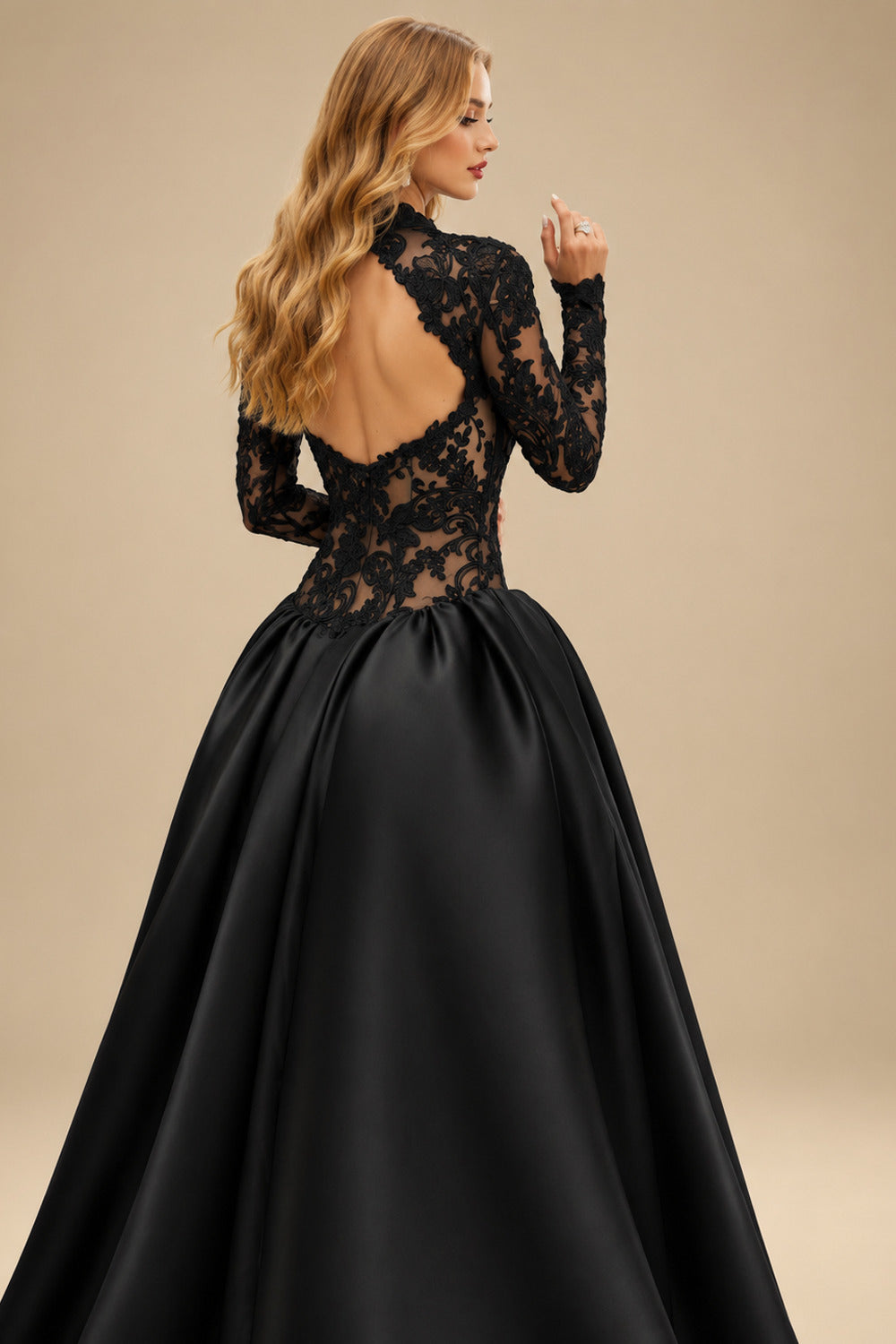 Rutipo Black Ball-Gown Illusion Neck Long Sleeves Court Train Lace/Satin Wedding Dresses With Appliques Lace/High Split