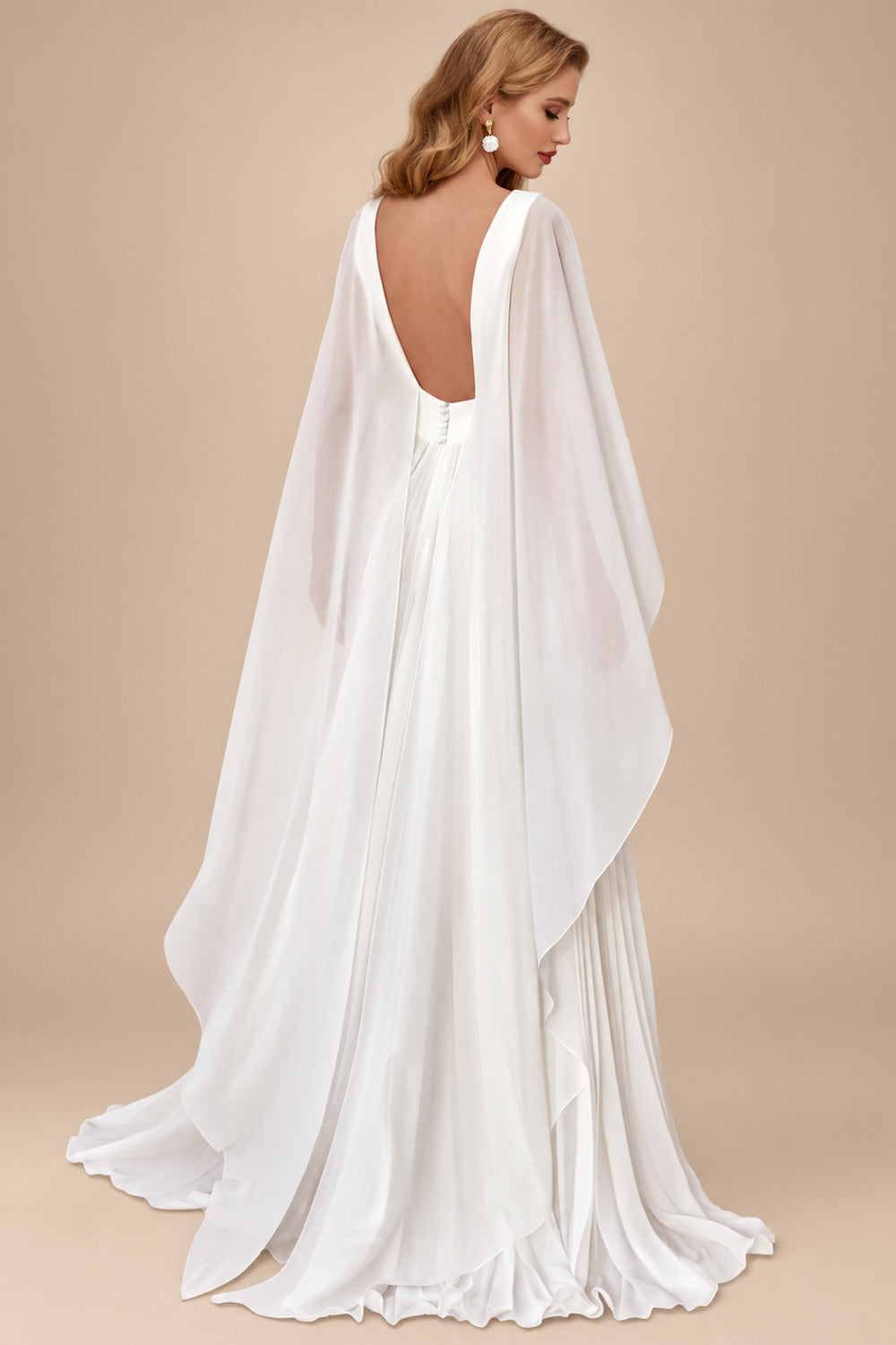 Rutipo White Elegant Scoop Neck Cape Sleeves A-Line Floor-Length Chiffon Wedding Dress With Pleated/Flower(s)