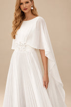 Rutipo White Elegant Scoop Neck Cape Sleeves A-Line Floor-Length Chiffon Wedding Dress With Pleated/Flower(s)