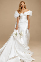 Rutipo As Picture Trumpet/Mermaid Off-The-Shoulder Chapel Train Matte Satin Wedding Dresses With Bubble Hem