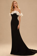Rutipo Black Off-The-Shoulder Trumpet/Mermaid Sleeveless Sweep Train Stretch Satin Wedding Dresses With Flowers/Shoulder Ruffle