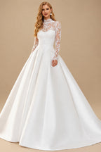 Rutipo White Long Sleeves/Detachable Sleeves Ball-Gown Strapless/Illusion Neck Royal Lace/Twill Satin Wedding Dresses
