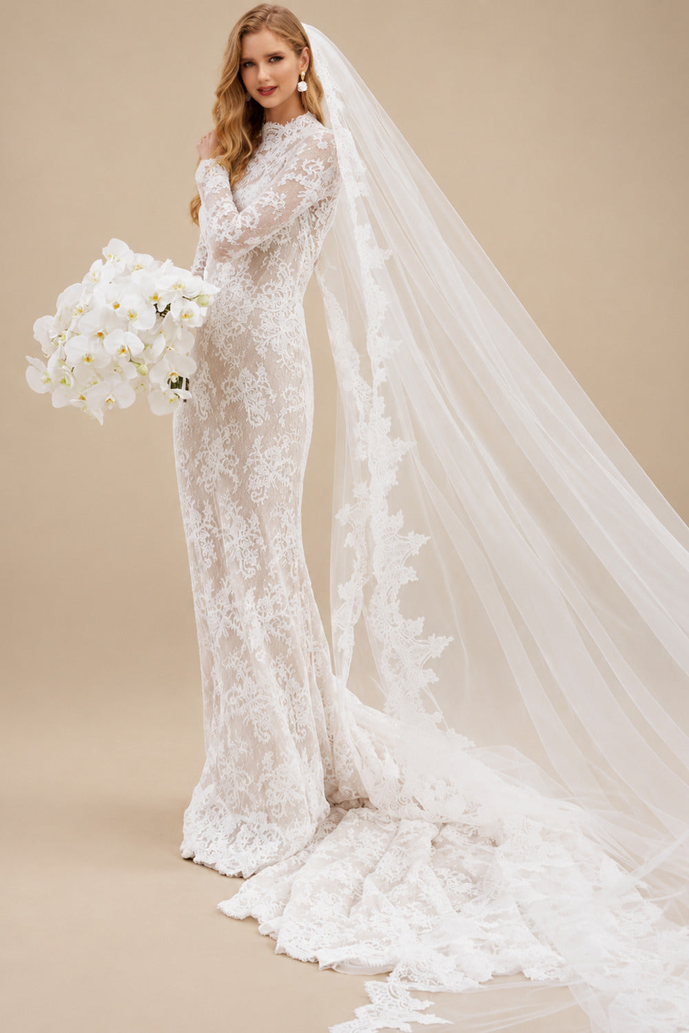 Rutipo As Picture Trumpet/Mermaid High Neck Long Sleeves Court Train Lace Wedding Dresses With Back Hole