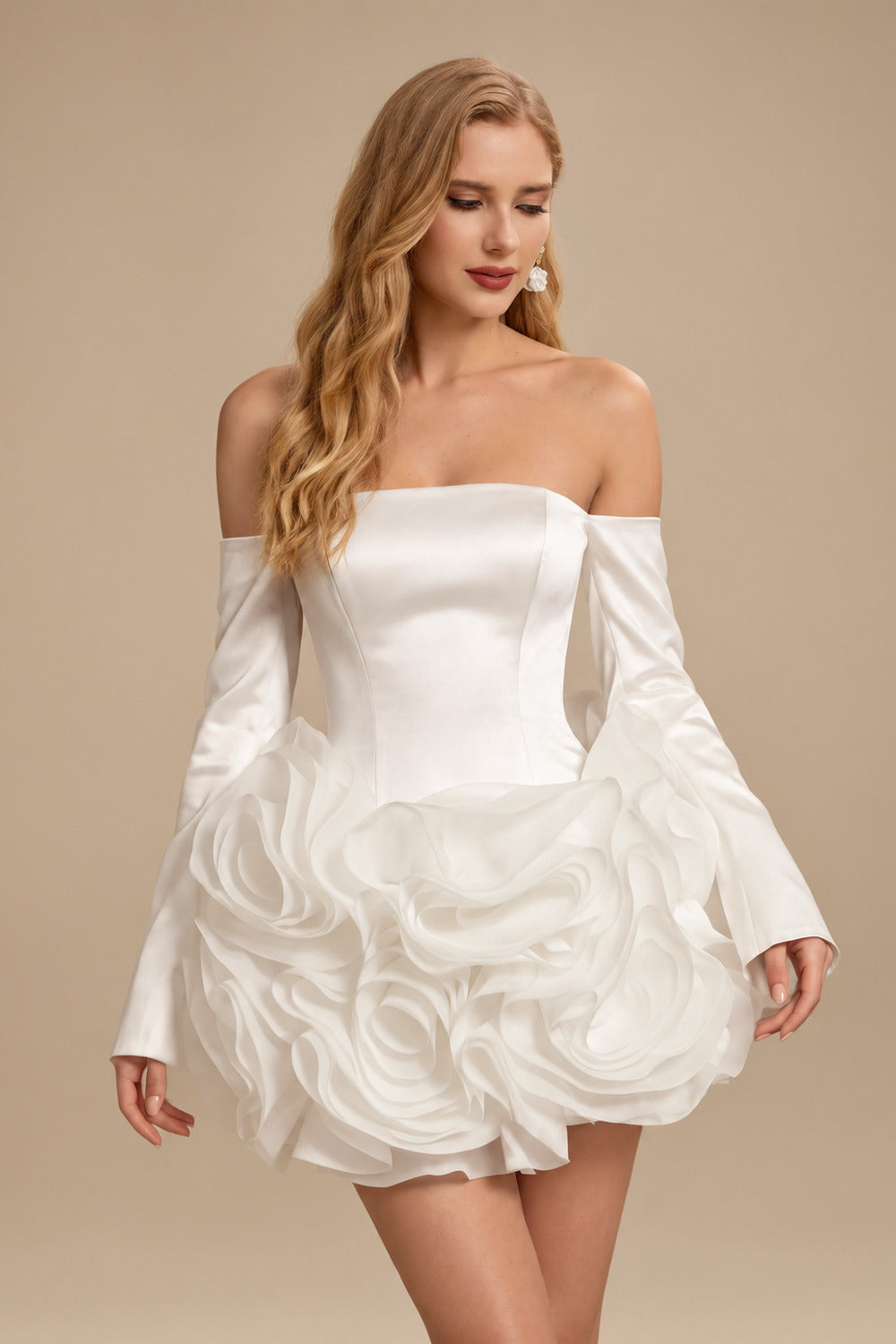 Rutipo Ivory A-Line Strapless Detachable Sleeves Short/Mini Tulle/Matte Satin Wedding Dresses With Flower(s)