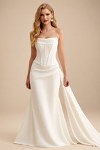 Rutipo Ivory Sheath/Column Strapless Detachable Sleeves Sweep Train Elastic Satin Wedding Dresses
