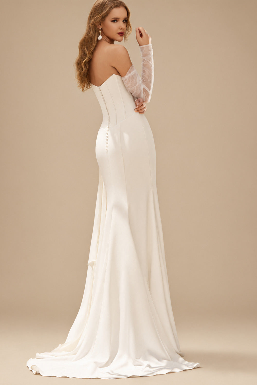 Rutipo Ivory Sheath/Column Strapless Detachable Sleeves Sweep Train Elastic Satin Wedding Dresses