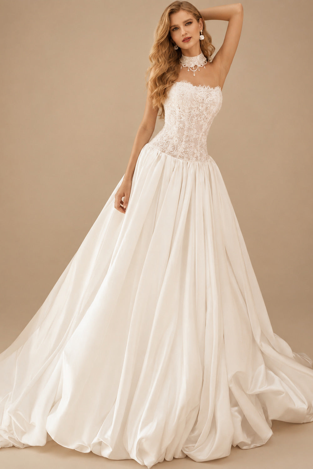 Rutipo Ivory Ball-Gown Strapless Sleeveless Cathedral Lace/Matte Satin Wedding Dresses With Bubble Hem