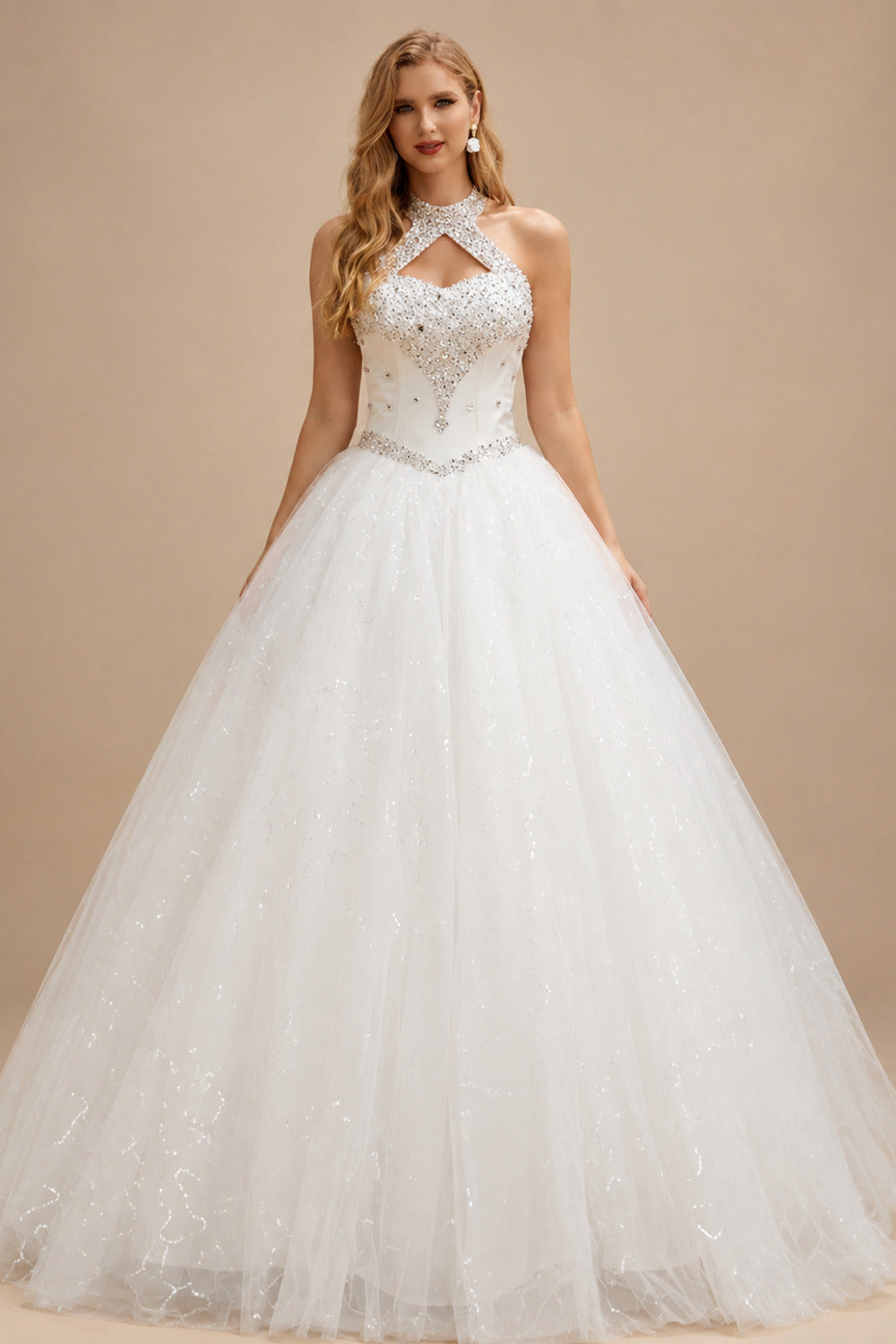 Rutipo White Sparkle & Shine Halter Sleeveless Ball-Gown Floor-Length Satin/Tulle Wedding Dresses With Rhinestone