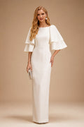 Rutipo Ivory Sheath/Column 1/2 Sleeves Floor-Length Matte Satin Wedding Dresses With Cascading Ruffles