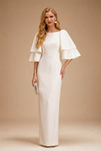 Rutipo Ivory Sheath/Column 1/2 Sleeves Floor-Length Matte Satin Wedding Dresses With Cascading Ruffles