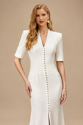 Rutipo Ivory Sheath/Column 1/2 Sleeves Floor-Length Elastic Satin Wedding Dresses With High Split