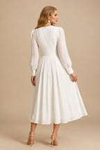 Rutipo Ivory A-Line V-Neck Long Sleeves Tea-Length Chiffon Wedding Dresses
