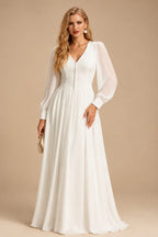 Rutipo Ivory A-Line V-Neck Long Sleeves Tea-Length Chiffon Wedding Dresses