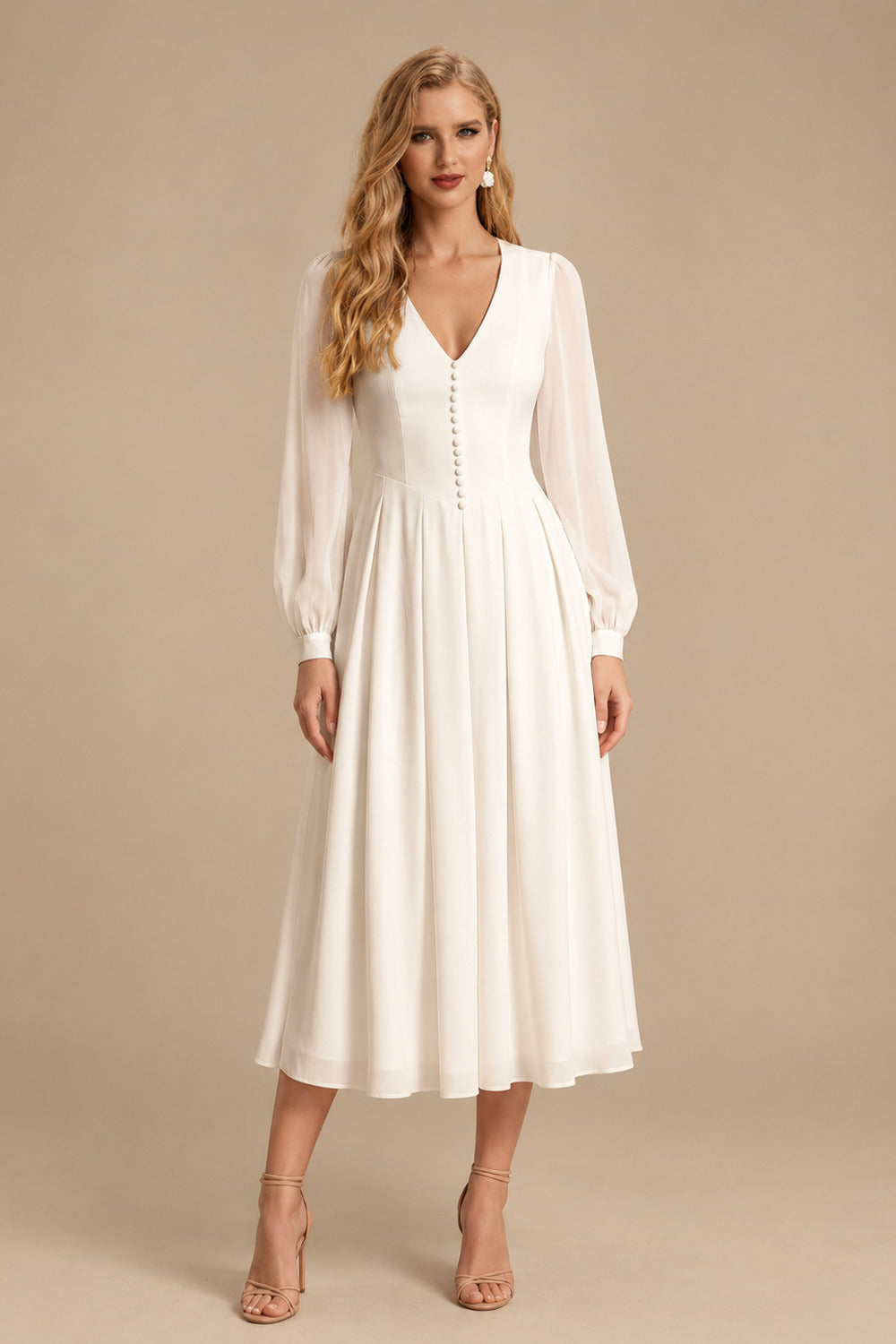 Rutipo Ivory A-Line V-Neck Long Sleeves Tea-Length Chiffon Wedding Dresses