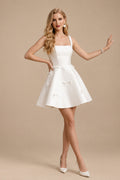 Rutipo White A-Line Square Neckline Sleeveless Short/Mini Twill Satin Wedding Dresses With Bows