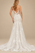 Rutipo Ivory Trumpet/Mermaid Plunge Neck Sleeveless Court Train Lace/Tulle Wedding Dresses With Appliques Lace