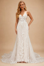 Rutipo Ivory Trumpet/Mermaid Plunge Neck Sleeveless Court Train Lace/Tulle Wedding Dresses With Appliques Lace