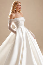 Rutipo Ivory Ball-Gown Off-The-Shoulder Long Sleeves Sweep Train Twill Satin Wedding Dresses With Beading