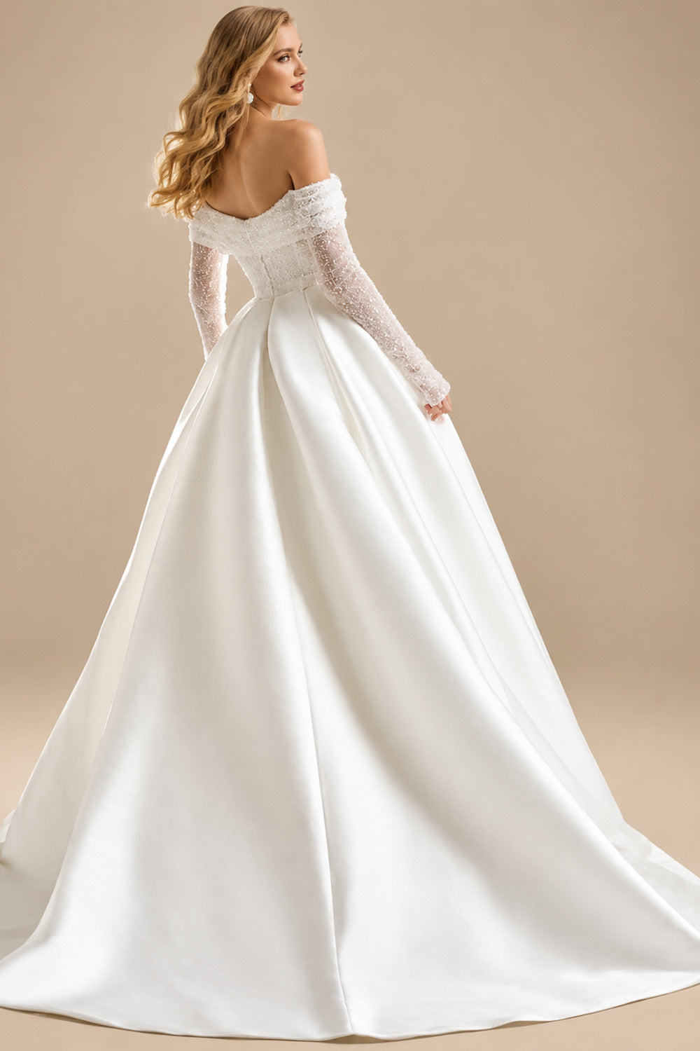 Rutipo Ivory Ball-Gown Off-The-Shoulder Long Sleeves Sweep Train Twill Satin Wedding Dresses With Beading