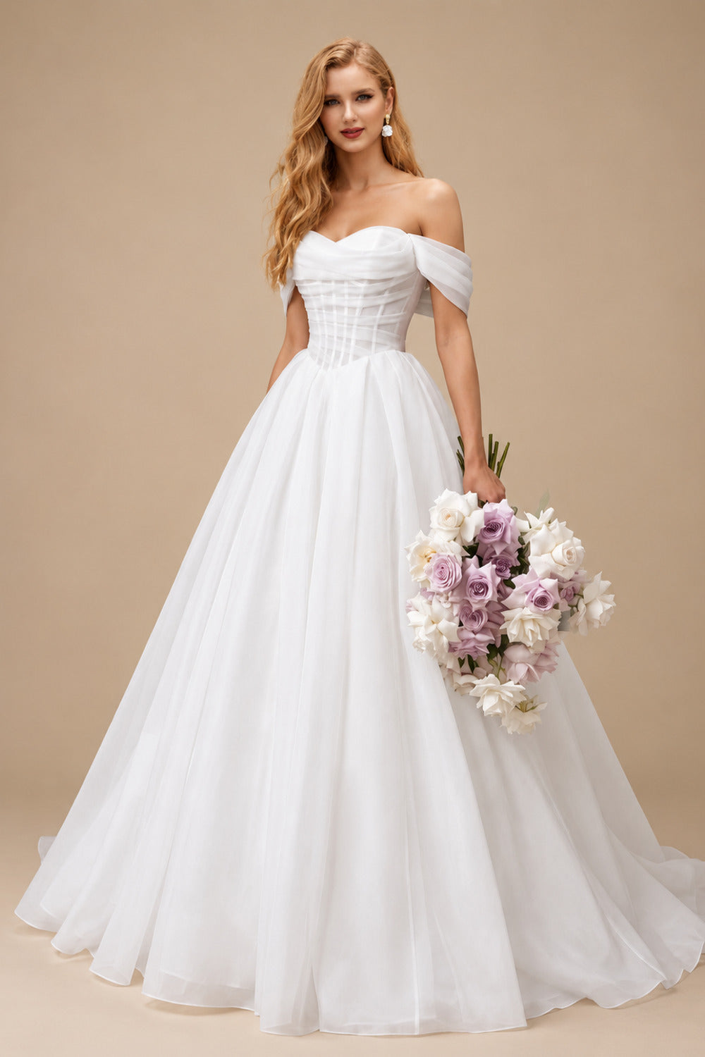 Rutipo White Ball-Gown Off-The-Shoulder Sleeveless Court Train Satin/Tulle Wedding Dresses With Pleated