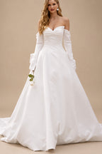 Rutipo White Ball-Gown Sweetheart Long Sleeves Cathedral Satin Wedding Dresses With Bow(s)