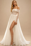 Rutipo Ivory A-Line Sweetheart Detachable Sleeves Sweep Train Satin/Tulle Wedding Dresses With High Split