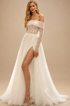 Rutipo Ivory A-Line Sweetheart Detachable Sleeves Sweep Train Satin/Tulle Wedding Dresses With High Split