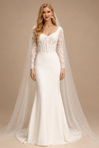 Rutipo Ivory Trumpet/Mermaid Sweetheart Long Sleeves Sweep Train Lace/Elastic Satin Wedding Dresses