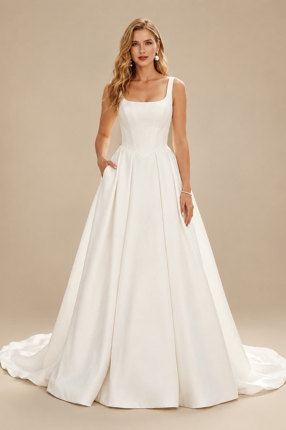 Rutipo Ivory A-Line Square Neckline Sleeveless Court Train Satin Wedding Dresses With Pleated