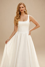 Rutipo Ivory A-Line Square Neckline Sleeveless Court Train Satin Wedding Dresses With Pleated