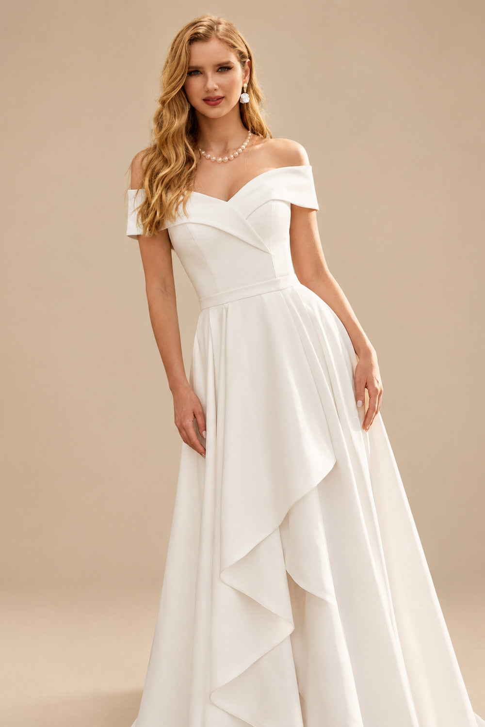 Rutipo Ivory Ball-Gown Off-The-Shoulder Asymmetrical Elastic Satin Wedding Dresses