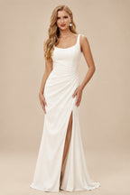 Rutipo Ivory A-Line Scoop Neck Sleeveless Sweep Train Elastic Satin Wedding Dresses With High Split