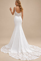 Rutipo White Trumpet/Mermaid V-Neck Sleeveless Court Train Elastic Satin Wedding Dresses With Appliques Lace