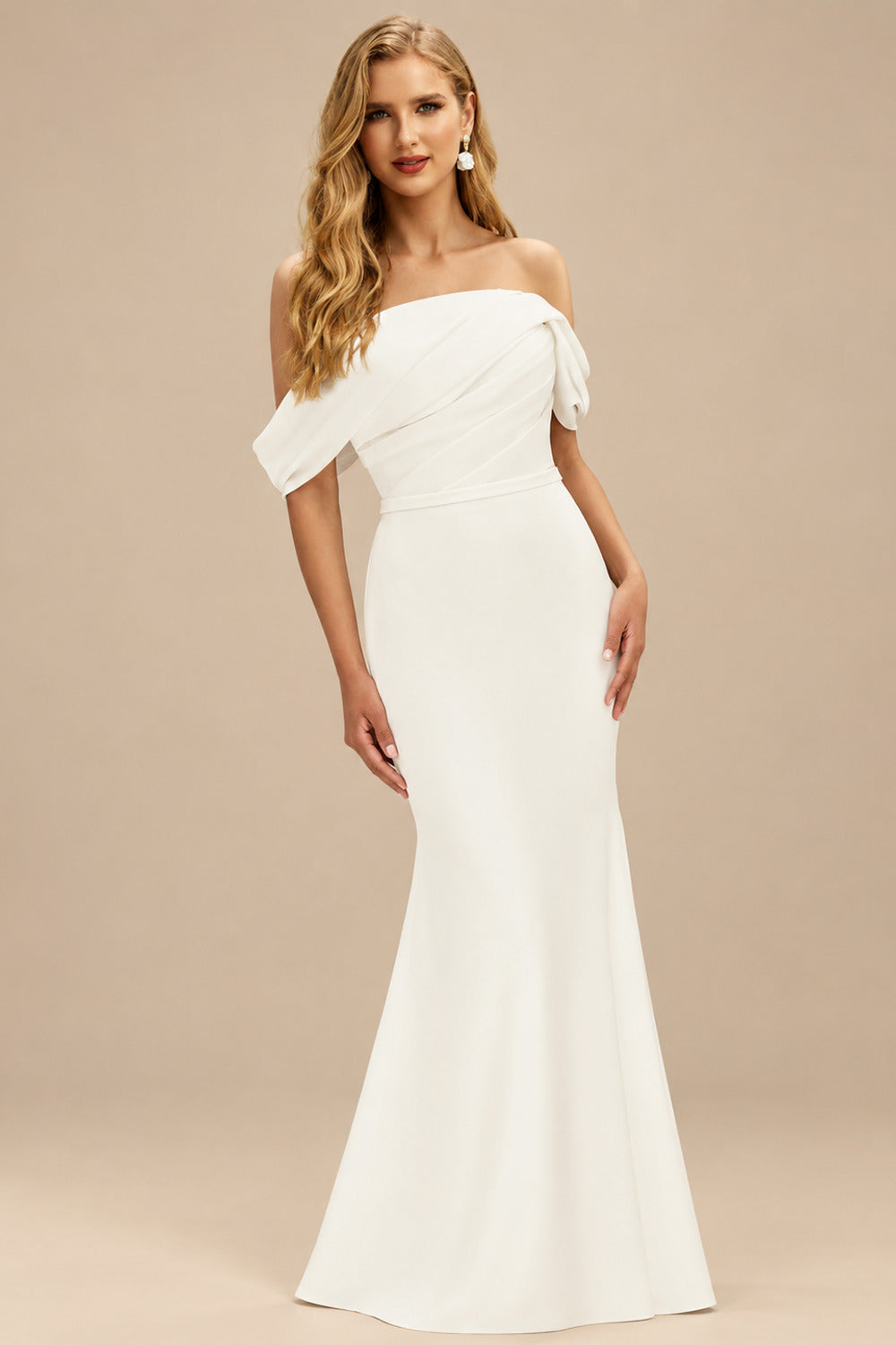 Rutipo Ivory Trumpet/Mermaid Off-The-Shoulder Long Sleeves/Detachable Sleeves Sweep Train Elastic Satin Wedding Dresses