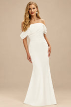 Rutipo Ivory Trumpet/Mermaid Off-The-Shoulder Long Sleeves/Detachable Sleeves Sweep Train Elastic Satin Wedding Dresses