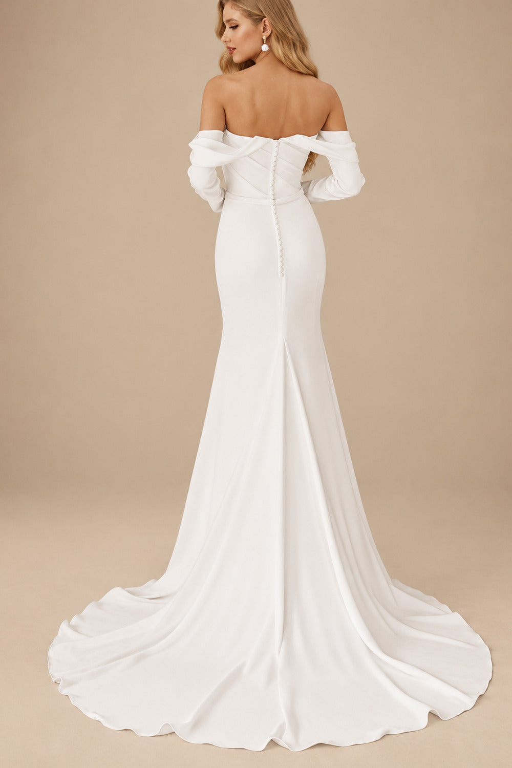 Rutipo Ivory Trumpet/Mermaid Off-The-Shoulder Long Sleeves/Detachable Sleeves Sweep Train Elastic Satin Wedding Dresses