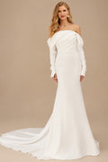 Rutipo Ivory Trumpet/Mermaid Off-The-Shoulder Long Sleeves/Detachable Sleeves Sweep Train Elastic Satin Wedding Dresses