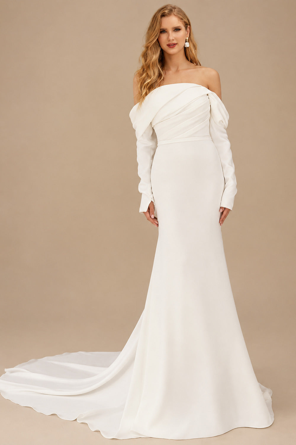 Rutipo Ivory Trumpet/Mermaid Off-The-Shoulder Long Sleeves/Detachable Sleeves Sweep Train Elastic Satin Wedding Dresses