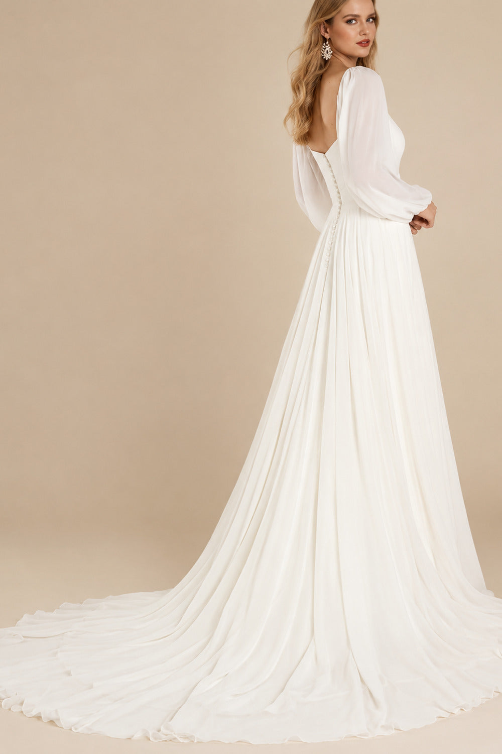 Rutipo Ivory A-Line Square Neckline Long Sleeves Court Train Chiffon Wedding Dresses