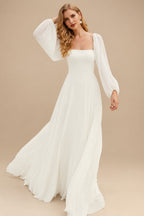 Rutipo Ivory A-Line Square Neckline Long Sleeves Court Train Chiffon Wedding Dresses