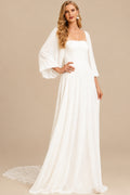 Rutipo Ivory A-Line Square Neckline Long Sleeves Court Train Chiffon Wedding Dresses