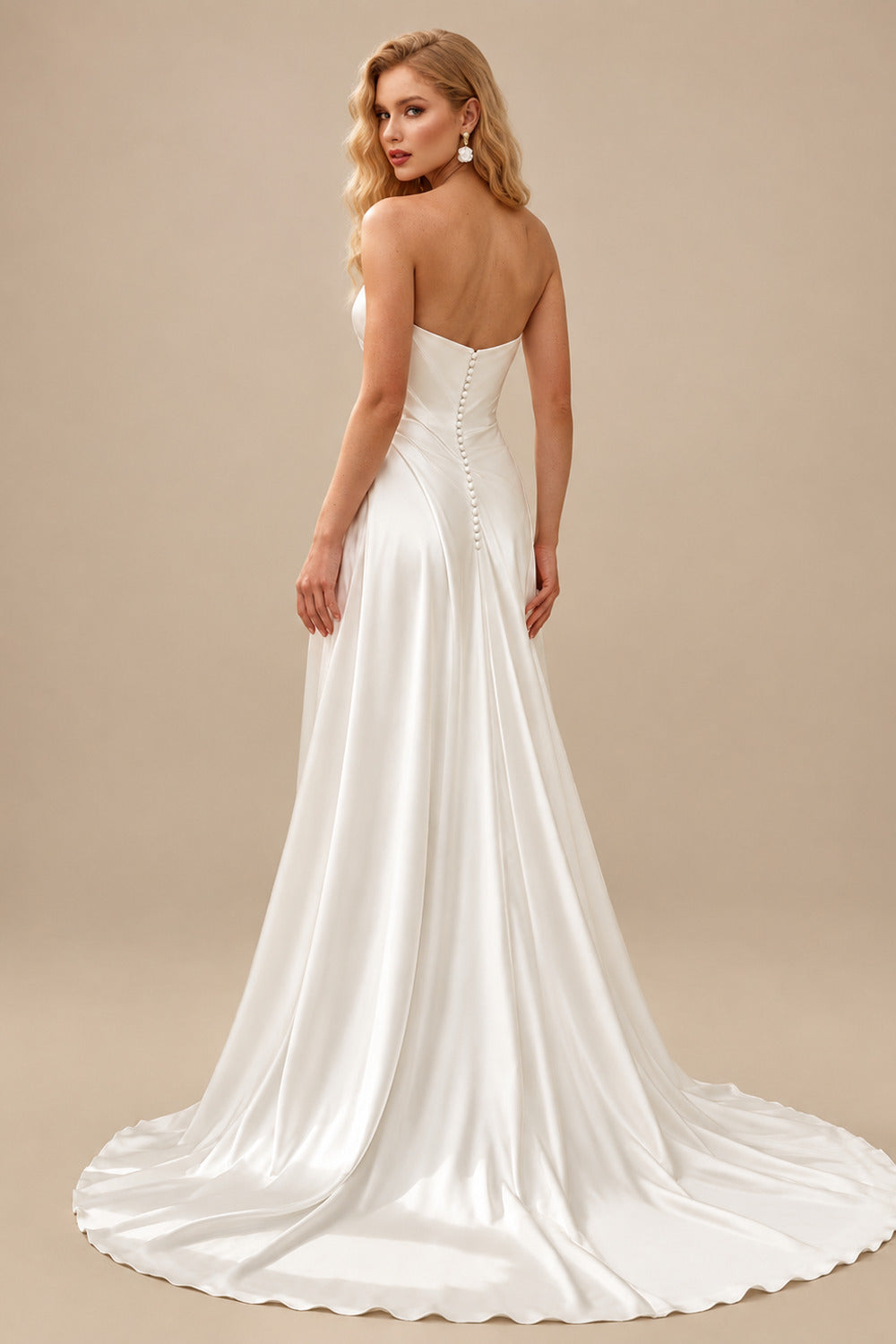 Rutipo Ivory Trumpet/Mermaid Strapless Sleeveless Court Train Matte Satin Wedding Dresses With High Split