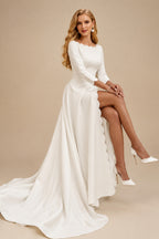 Rutipo Ivory Ball-Gown Scoop Neck 3/4 Sleeves Court Train Twill Satin Wedding Dresses With High Split
