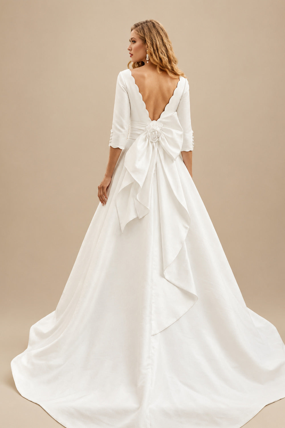 Rutipo Ivory Ball-Gown Scoop Neck 3/4 Sleeves Court Train Twill Satin Wedding Dresses With High Split