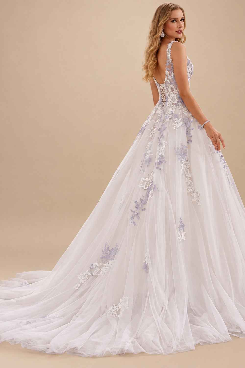 Rutipo As Picture Ball-Gown V-Neck Court Train Satin/Tulle Wedding Dresses With Appliques Lace