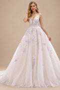 Rutipo As Picture Ball-Gown V-Neck Court Train Satin/Tulle Wedding Dresses With Appliques Lace