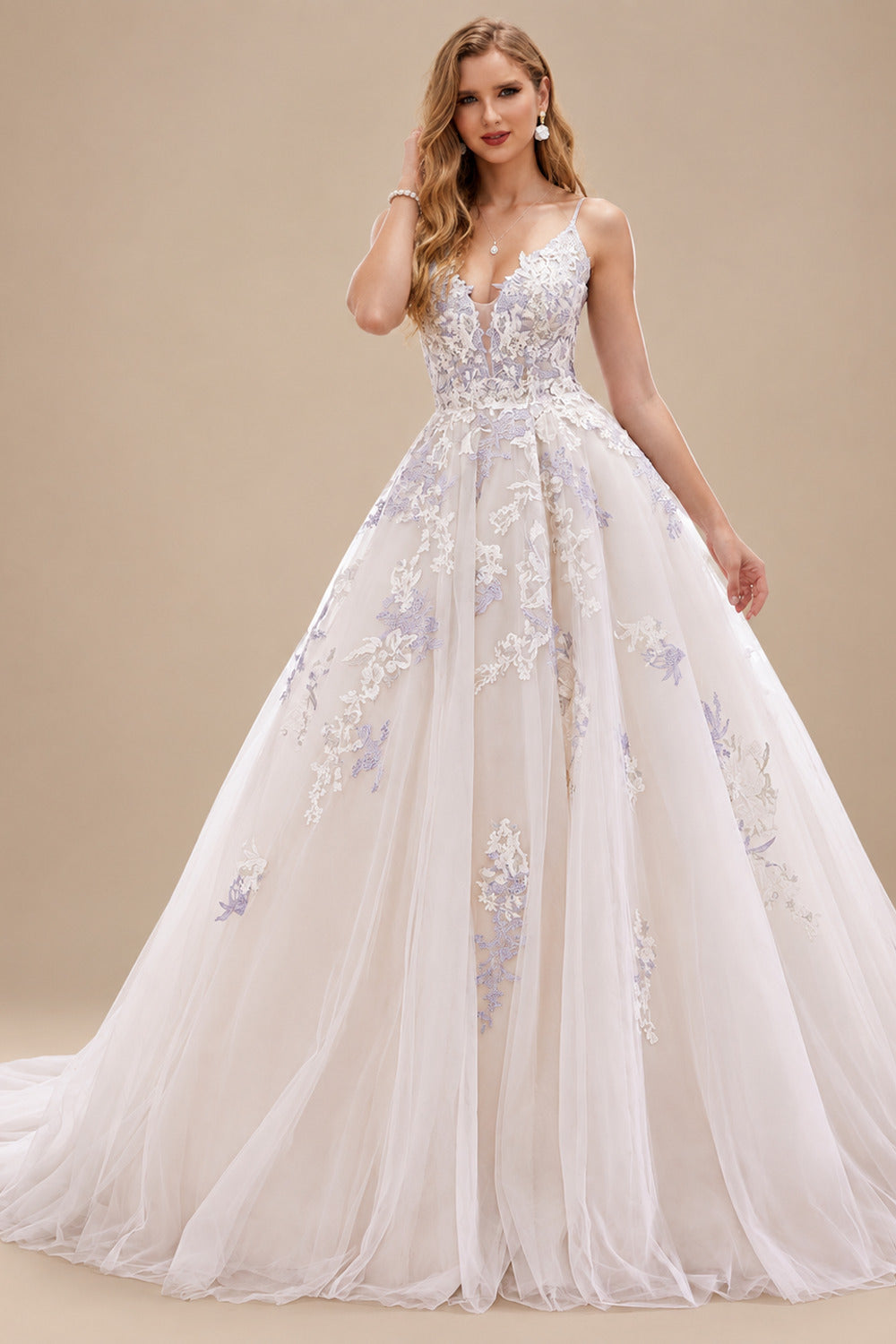 Rutipo As Picture Ball-Gown V-Neck Court Train Satin/Tulle Wedding Dresses With Appliques Lace