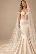 Rutipo As Picture Trumpet/Mermaid Off-The-Shoulder Chapel Train Matte Satin Wedding Dresses With Beading
