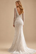 Rutipo As Picture Trumpet/Mermaid Cowl Neck Long Sleeves Sweep Train Wedding Dresses With Split Front